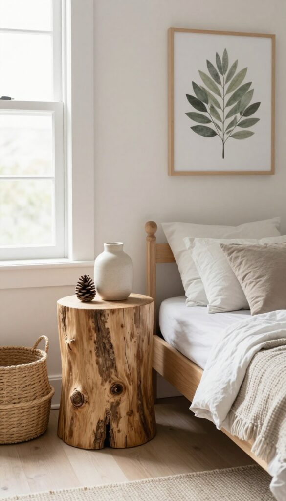 Tree stump side table in a kids' forest bedroom with lamp and pinecone, natural light
