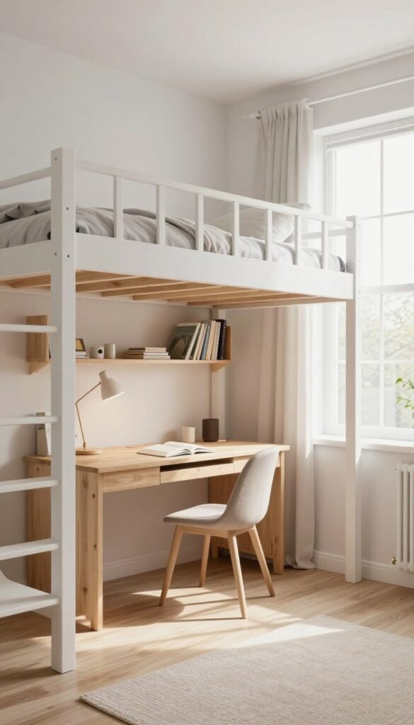 Loft bed with built-in study nook in a bright, spacious teenage bedroom.