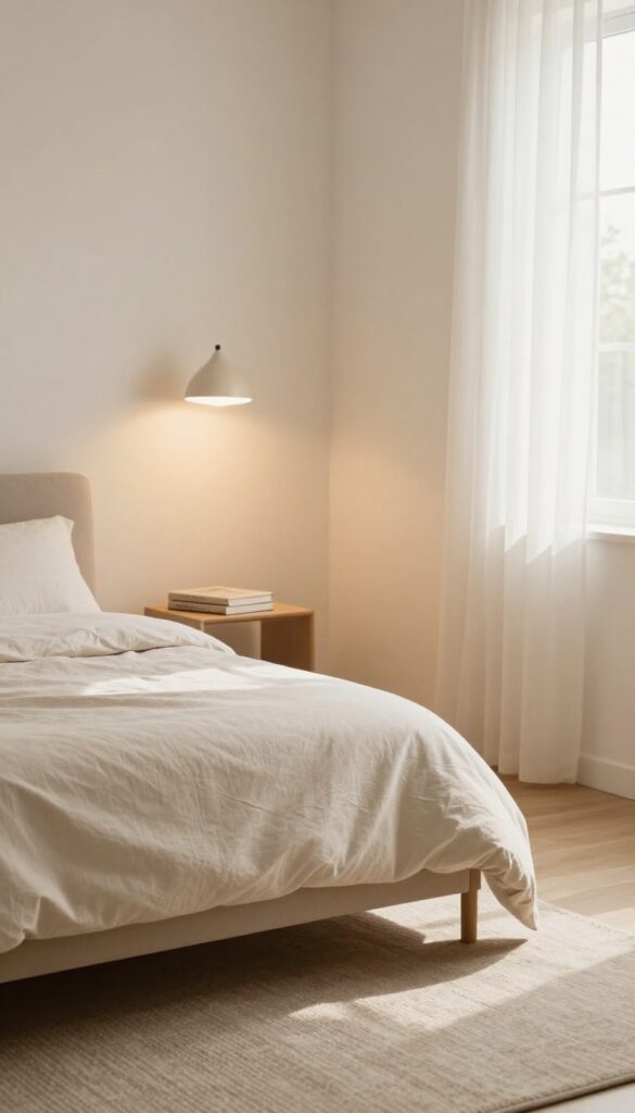 Small bedroom with a floor lamp providing soft ambient lighting, creating a cozy and relaxing atmosphere.