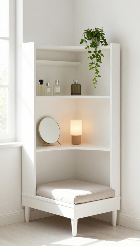 Corner shelf unit with built-in seat and leg cutout in a bright bedroom, holding perfumes, mirror, lamp, and plant.