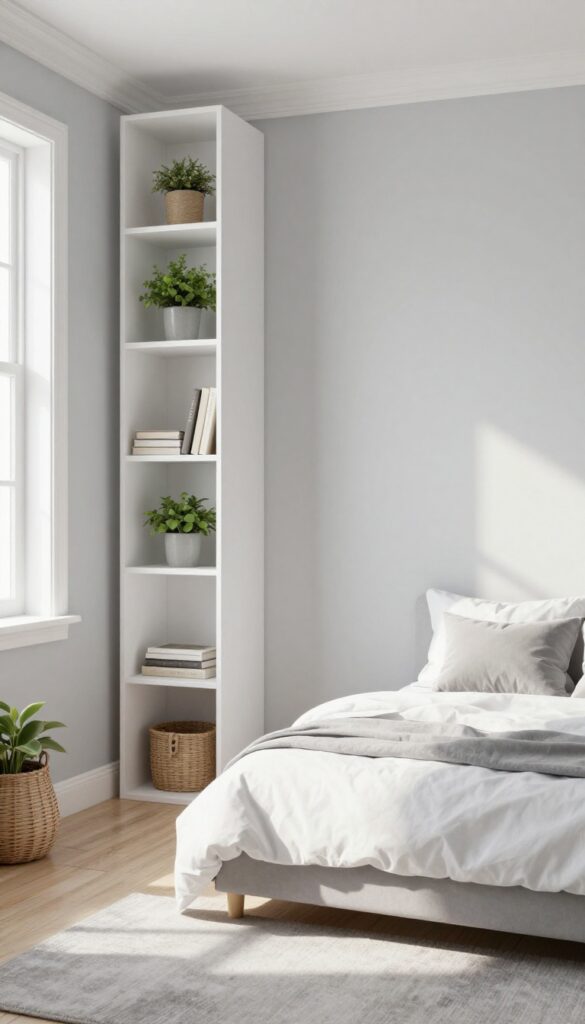 Light gray small bedroom with vertical modular cube storage, white bedding, and natural light.