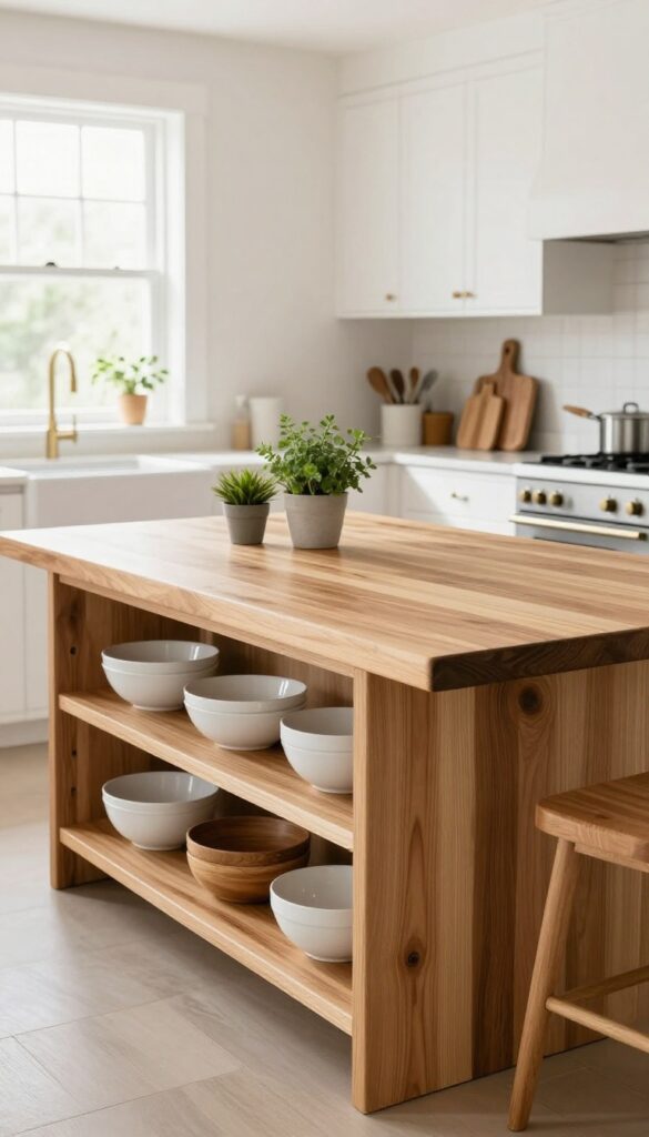 Bright kitchen with warm butcher block island and open shelving