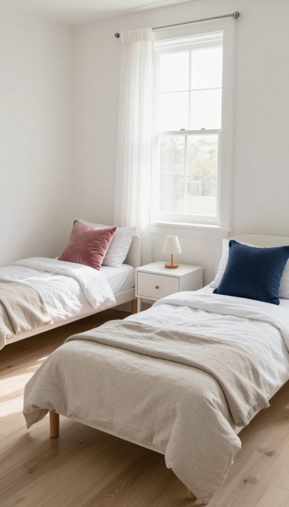 Two twin beds with matching neutral bedding and individual accent pillows in a bright, uncluttered kids' bedroom.