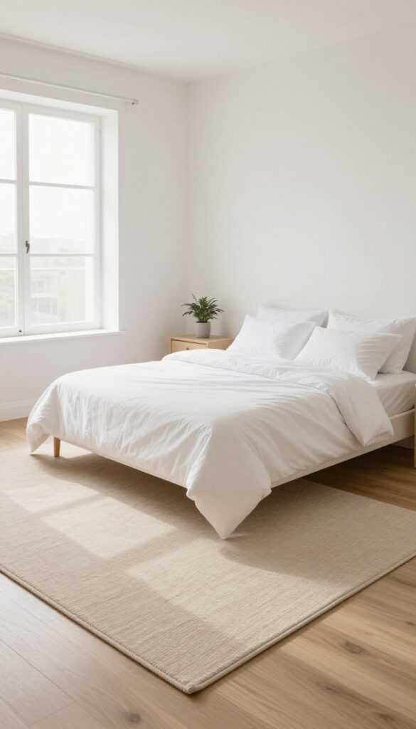 Small bedroom with a large light rug under the bed, extending beyond it, anchoring the sleeping area on hardwood floor, bright natural light.