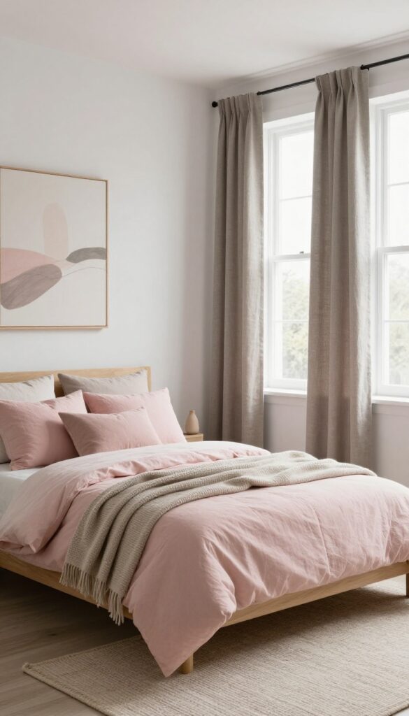 A calm small bedroom with a cohesive color palette of warm white, blush, and taupe, featuring natural textures and soft lighting.