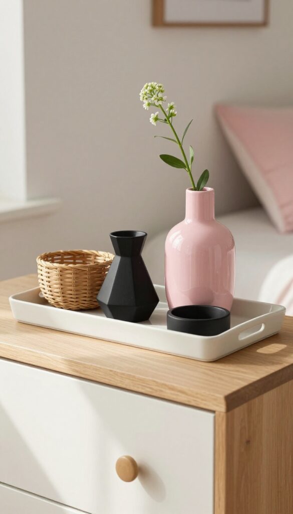 Pink and black accessories on a tray on a dresser in a bright bedroom