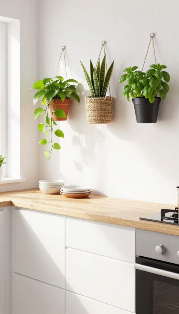 Modern single-wall kitchen with hanging planters adding greenery and soft organic shapes at eye level.