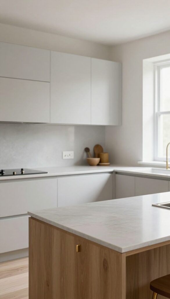 Modern kitchen with soft gray matte porcelain worktop, warm wood accents, and brushed brass hardware in bright natural light.