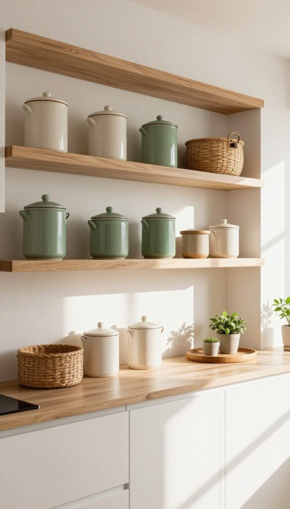 Open shelving coffee bar with layered textures including wood, ceramic, and woven baskets in a bright kitchen