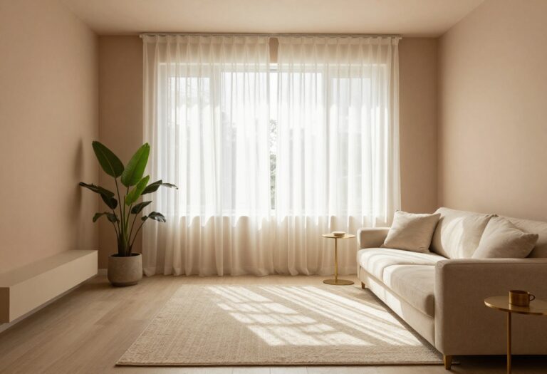 Warm taupe living room wall with cream sofa and brass accents