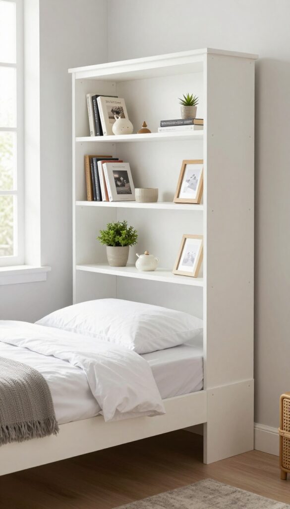 King-size bed with tall headboard featuring built-in shelves for vertical storage in a small bedroom, bright natural light