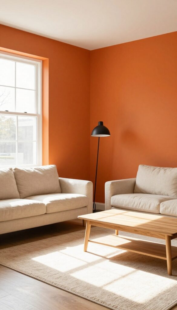 Living room with rust orange accent wall, cream sofa, and natural light