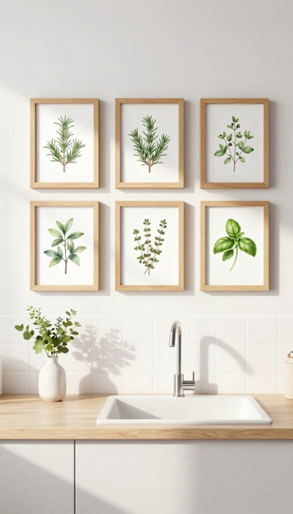 Framed botanical herb prints in a grid above a kitchen sink, with natural light and a clean, modern aesthetic.