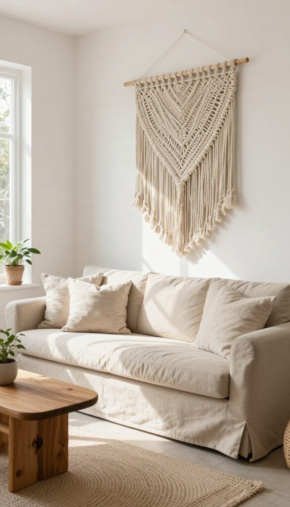 A macrame wall hanging above a sofa in a bright boho living room