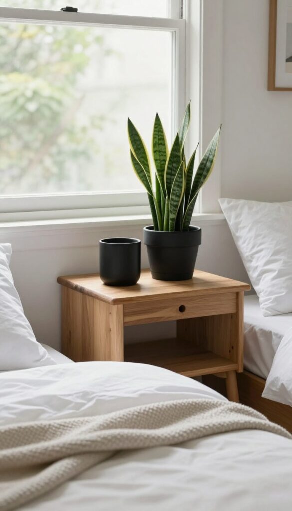 Small bedroom with a snake plant on a nightstand, natural light, cozy and fresh.