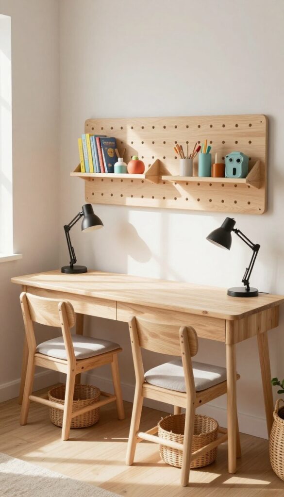 Shared wall-mounted desk with two workstations for kids, featuring task lamps, pegboard storage, and woven baskets, in a bright cozy bedroom.