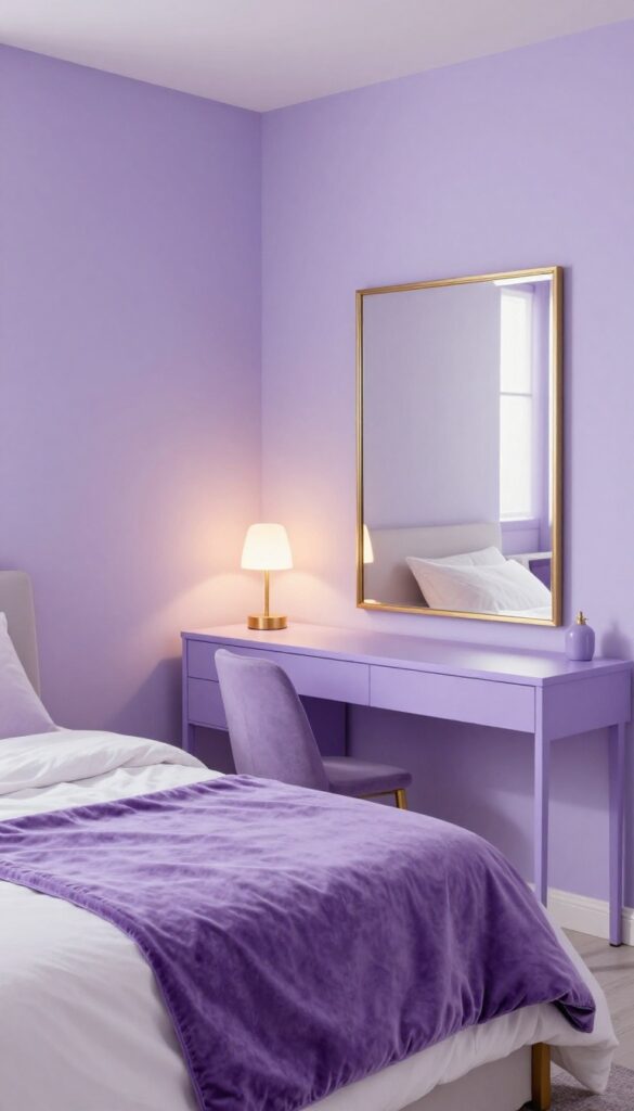 Purple and gold accent pieces in a modern bedroom with lavender walls, gold desk lamp, and gold-framed mirror.