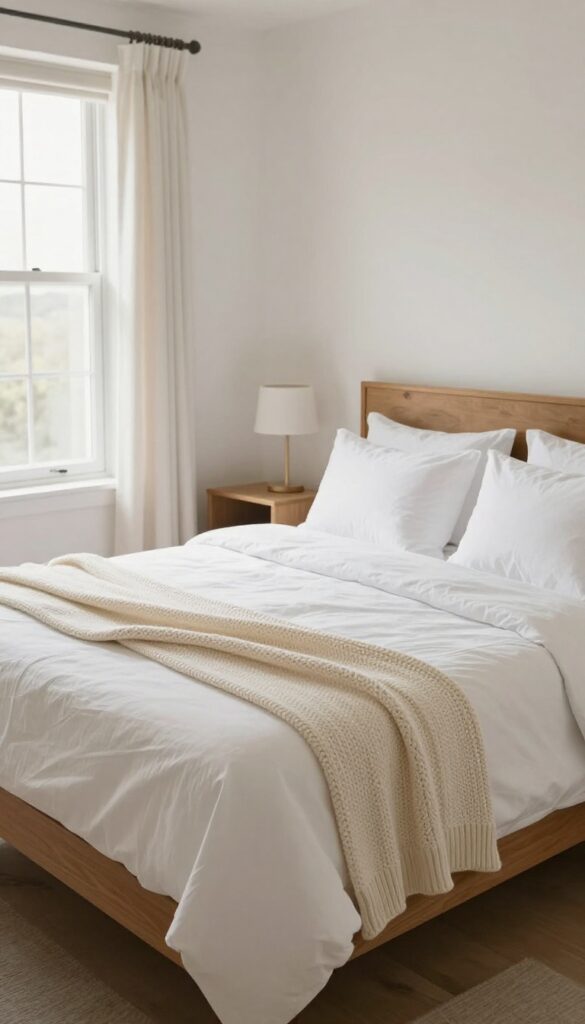 Cozy guest bedroom bed with extra pillows and a chunky knit throw blanket at the foot, natural light, clean and inviting.