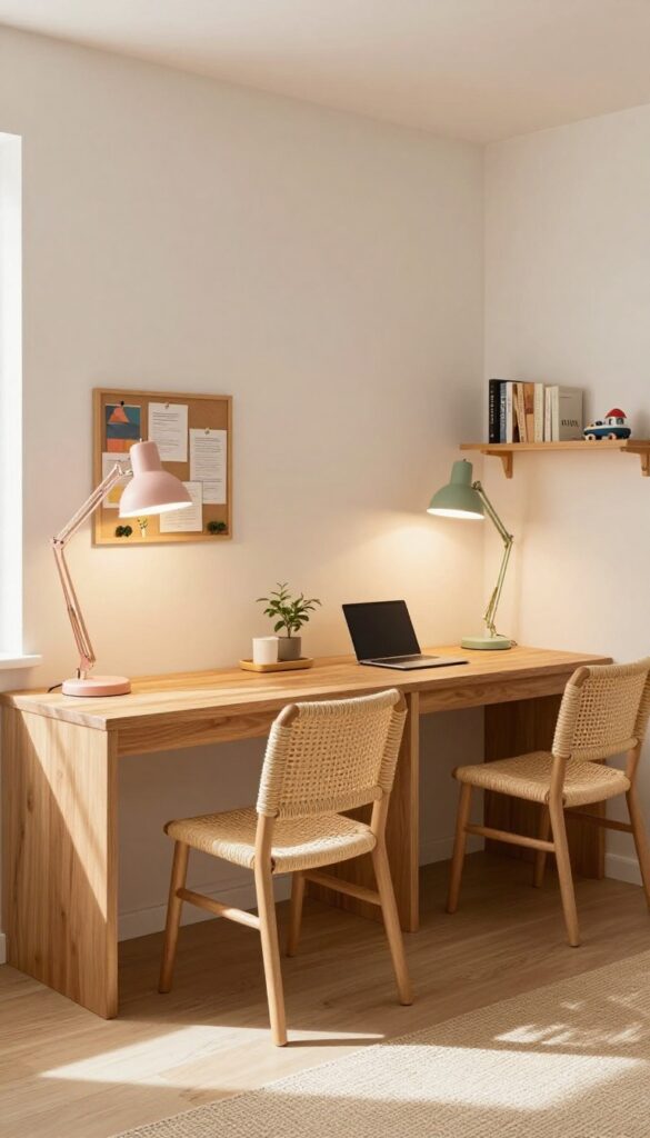 Shared desk with two distinct work areas in a bright bedroom, warm wood desk, blush and sage clip-on lamps, bulletin board, woven chairs, natural light.