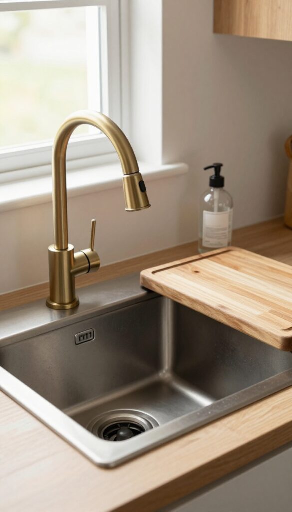 Kitchen sink with brushed brass gooseneck faucet and pull-down sprayer, deep fireclay sink, wooden cutting board, and glass dish soap bottle in natural light.