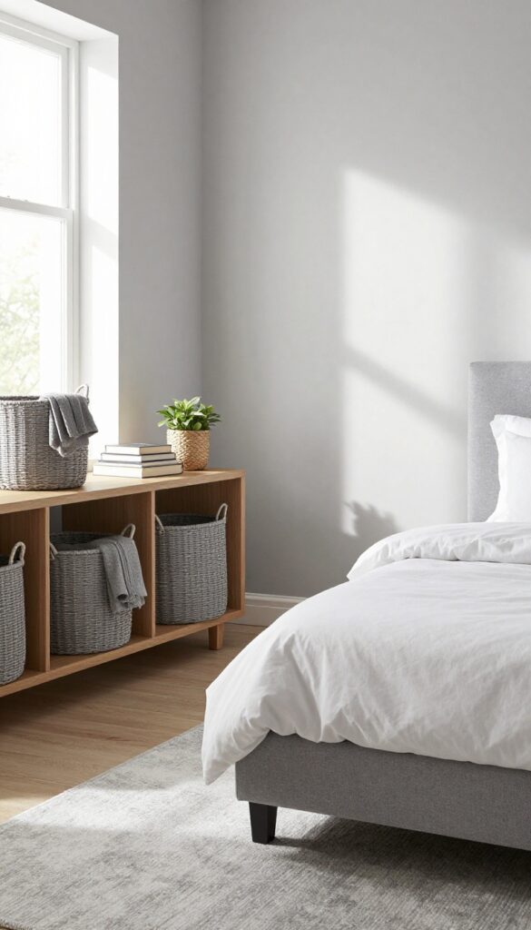 Grey woven storage baskets on a console table in a bright, modern bedroom.