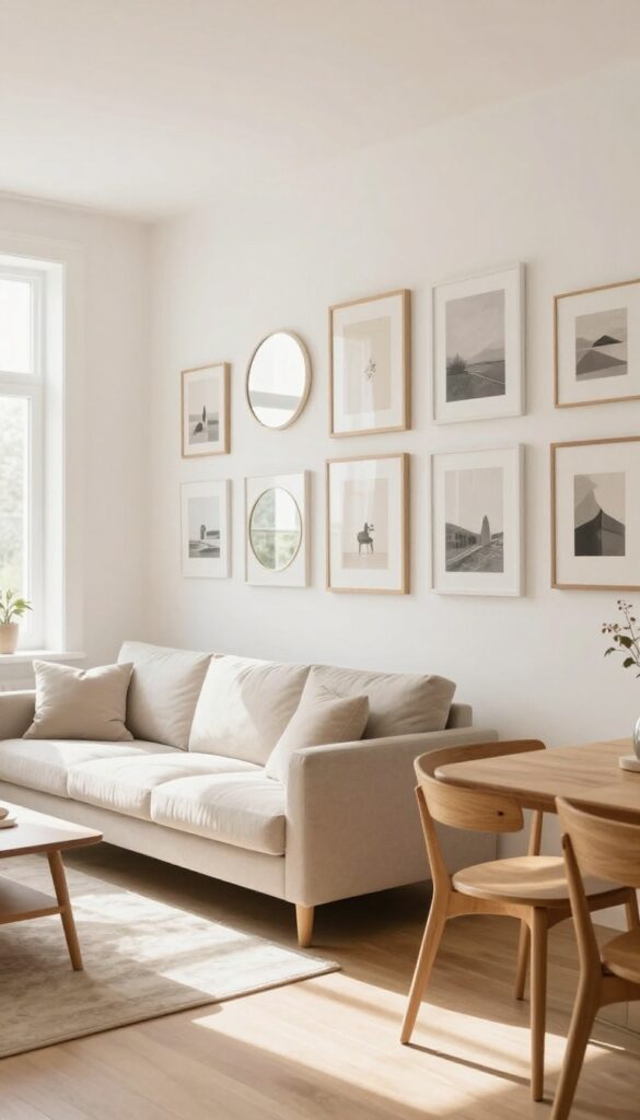 Open-plan living and dining room with a continuous gallery wall of framed art and mirrors, bright natural light, cohesive design.