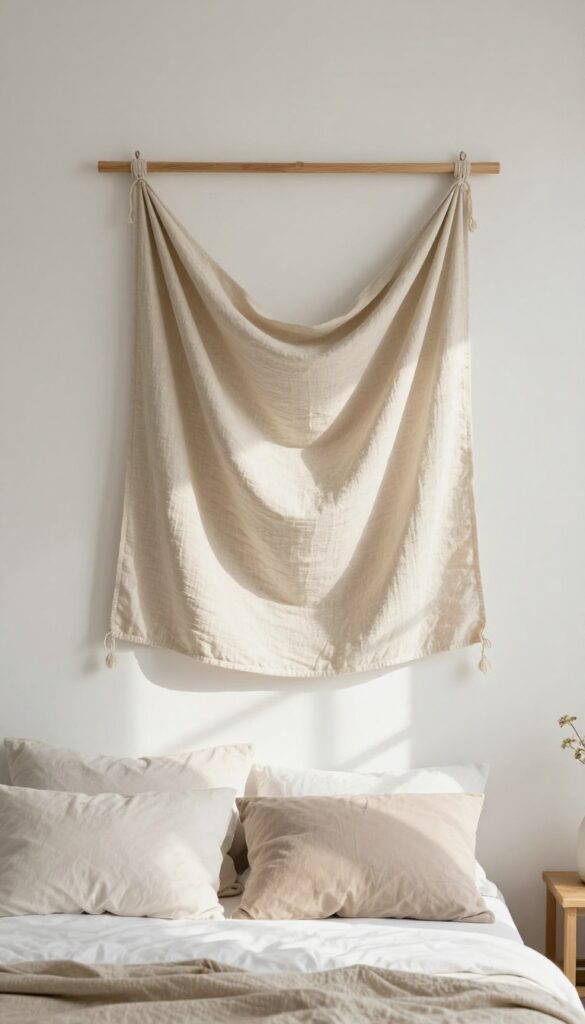 Cozy small bedroom with DIY fabric wall hanging behind the bed, adding softness and warmth.