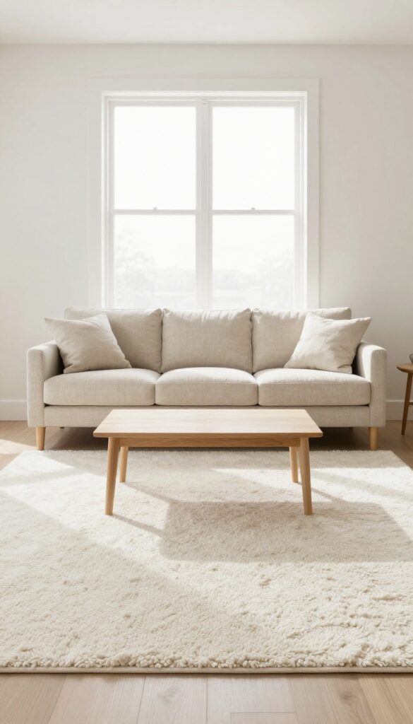 Light and airy living room with creamy wool Berber carpet, linen sofa, and pale wood furniture.