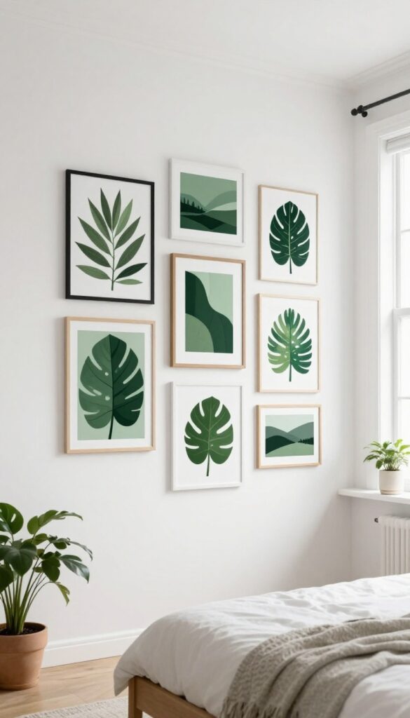 A gallery wall of green art prints in simple frames on a white bedroom wall, with natural light and minimalist decor.