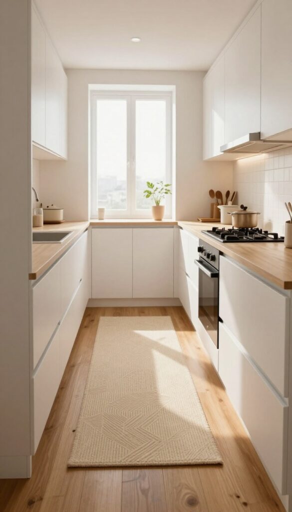 A long narrow runner in a galley kitchen with warm neutrals and geometric pattern, adding coziness and flow.