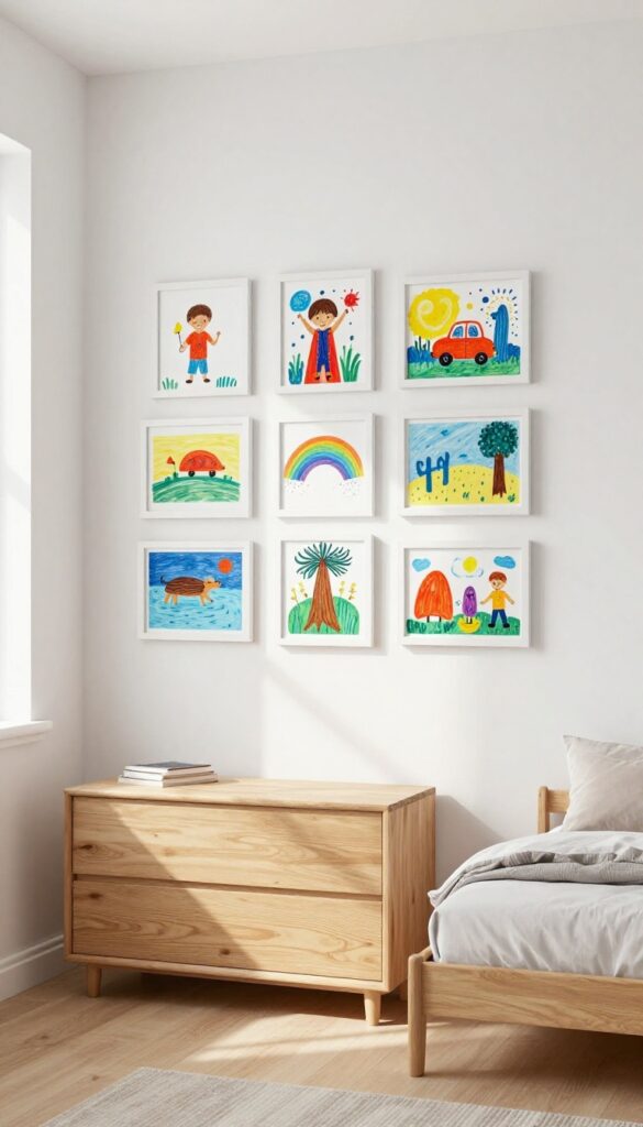 Gallery wall of children's artwork in simple white frames in a bright toddler boy's bedroom