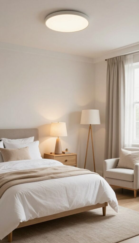 Cozy guest bedroom with layered lighting from ceiling light, table lamp, and floor lamp at different heights, creating a warm and inviting atmosphere.