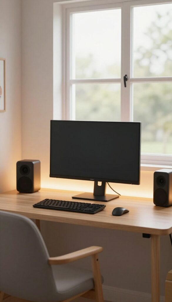 Kids gamer bedroom with soft LED strip lighting behind the desk creating a warm amber glow, natural light from window, clean and cozy setup.