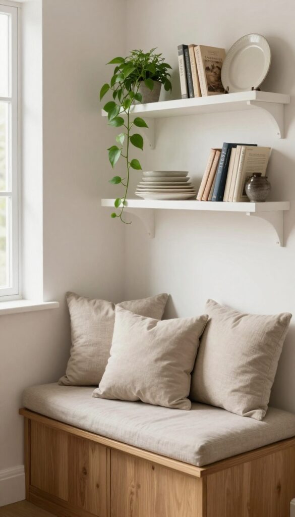 Open shelving above a kitchen banquette with dishes and plants