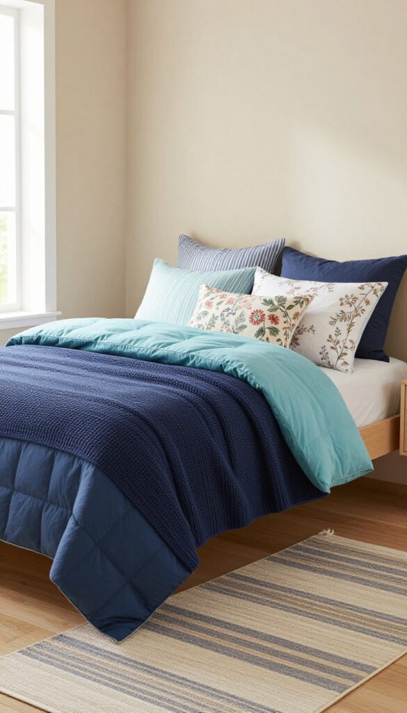 Layered blue textiles on a neutral base in a bright girl's bedroom with beige walls and wood floors