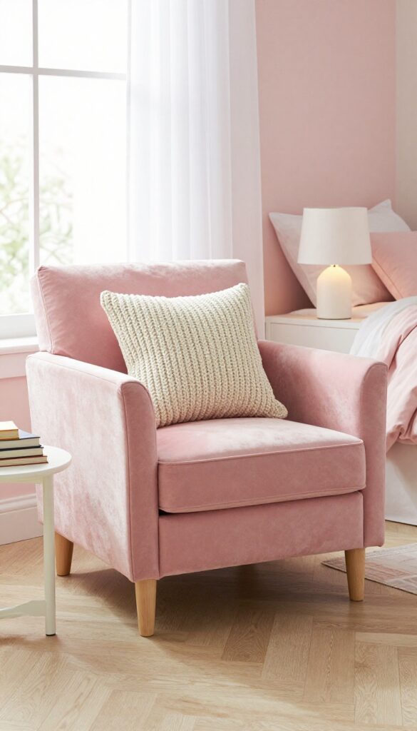 A pink velvet armchair in a bright corner of a girl's bedroom, styled as a cozy reading spot with a side table and lamp.