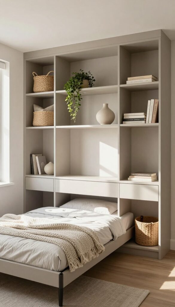Murphy bed with built-in desk and open cubbies styled with cozy textures and plants