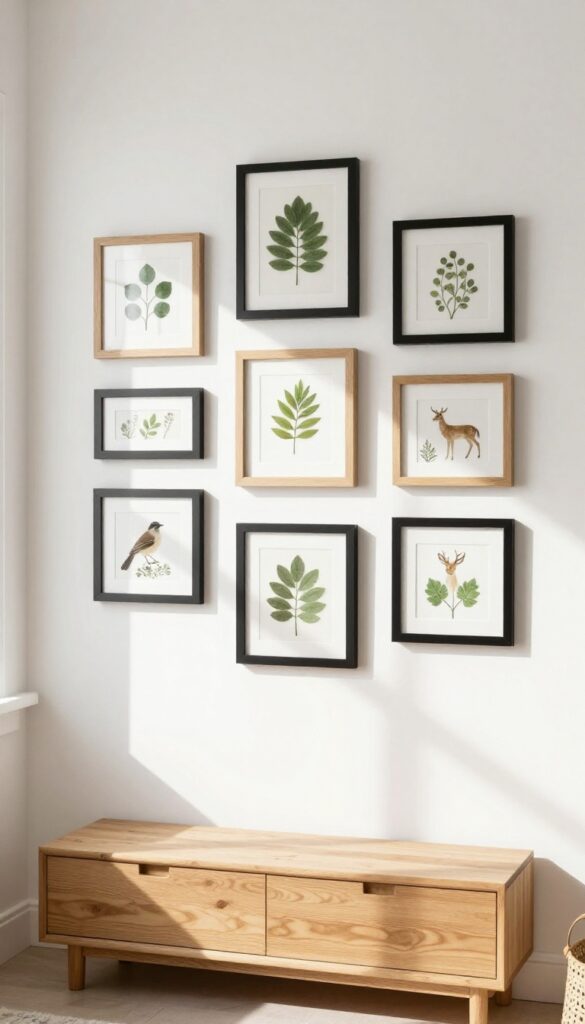 Nature-inspired gallery wall with pressed leaves and animal prints in a bright kids' bedroom