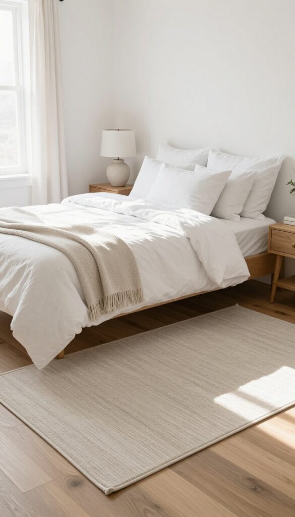 Cozy guest bedroom with a soft area rug underfoot, layered linens, and natural light