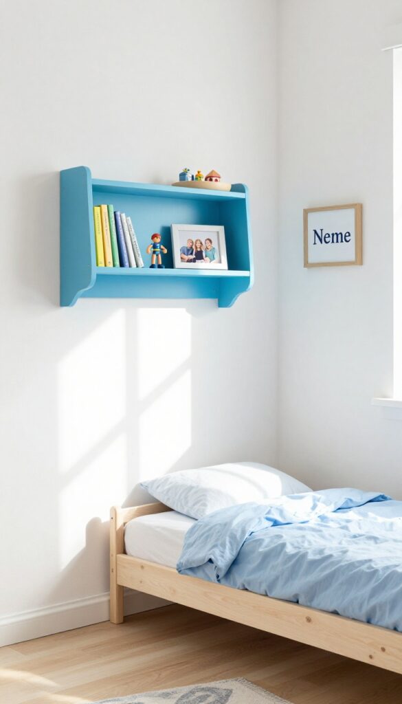 A little boy's bedroom with open shelves displaying toys, books, and a framed photo, with a name sign on the wall.