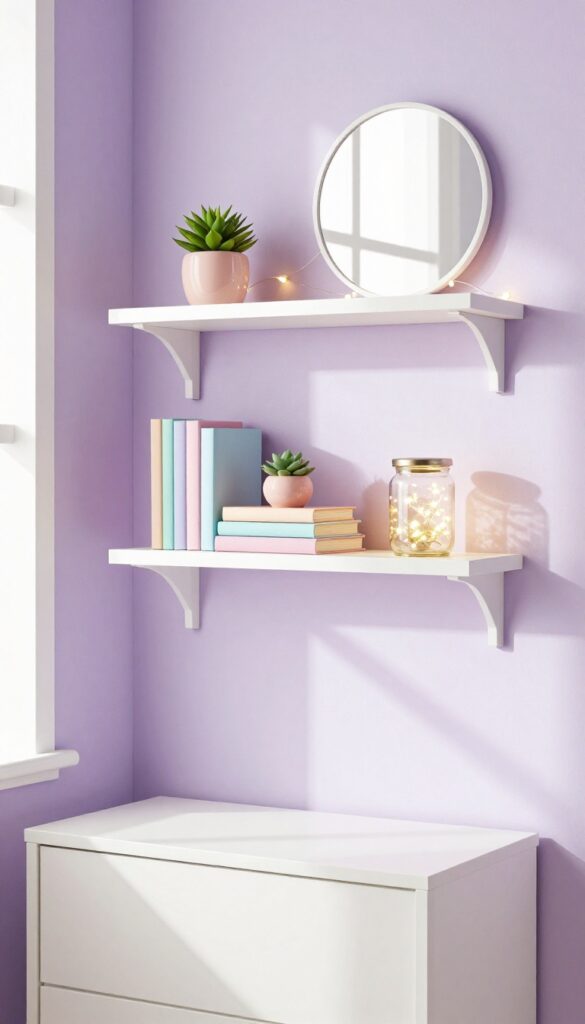 Girl's bedroom with lavender accent wall and floating shelves decorated with pastel books, succulent, and fairy jar.