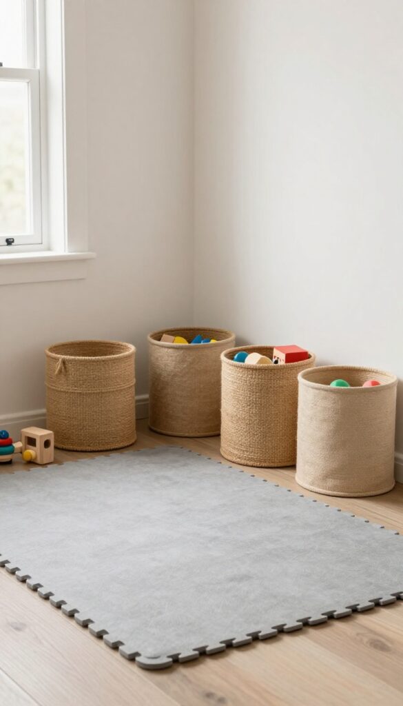 Baby boy bedroom play zone with soft foam mat and low toy bins