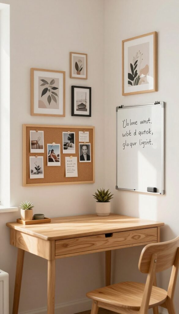 Gallery wall above a desk with framed art, corkboard, and whiteboard in a teen girl's bedroom