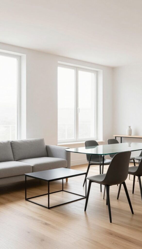 Slim and streamlined furniture in a combined living and dining room with exposed legs, glass table, and natural light.