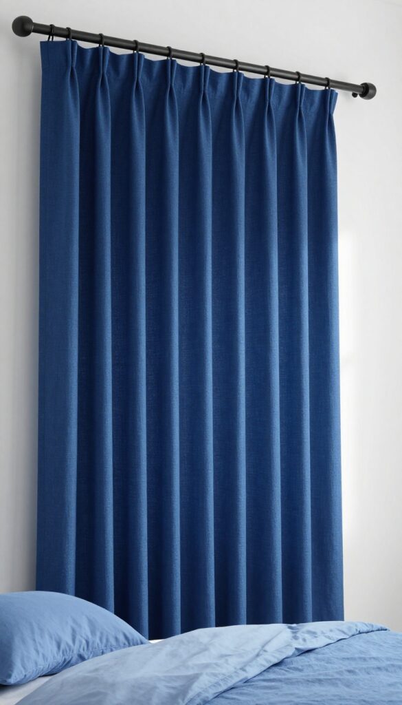 Blue blackout curtains in a boy's bedroom, hung high and wide for better sleep and a polished look.