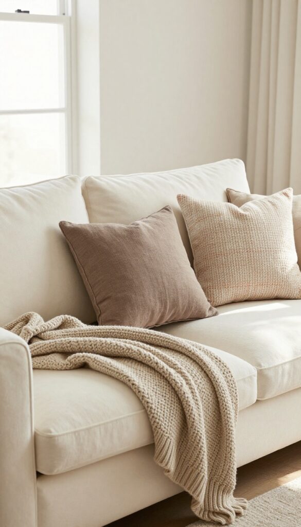 Cream couch with chunky knit throw and linen cushions in earthy tones, warm natural light