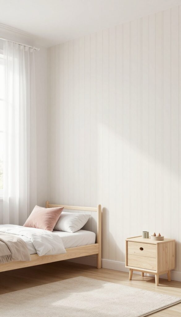 Small bedroom with vertical striped accent wall, light furniture, and sheer curtains, creating an illusion of higher ceiling.