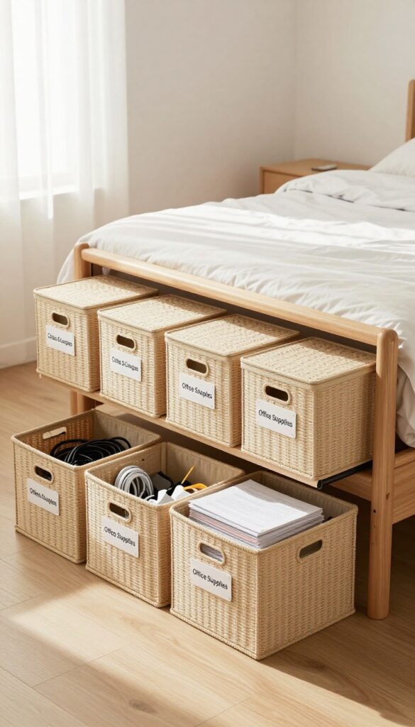 Under-bed storage bins for office gear in a bright bedroom