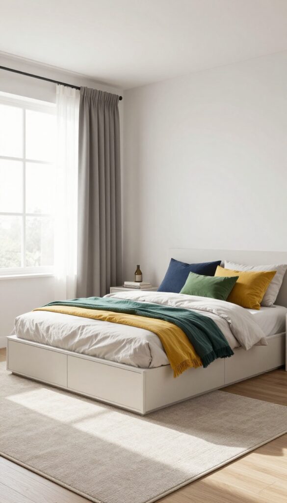 Modern boy's bedroom with low-profile platform bed and built-in storage, bright natural light, clean and organized.