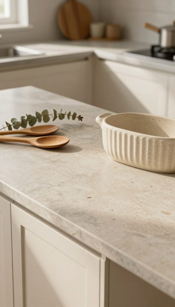 Textured stoneware utensil crock with wooden utensils and dried eucalyptus on a kitchen counter